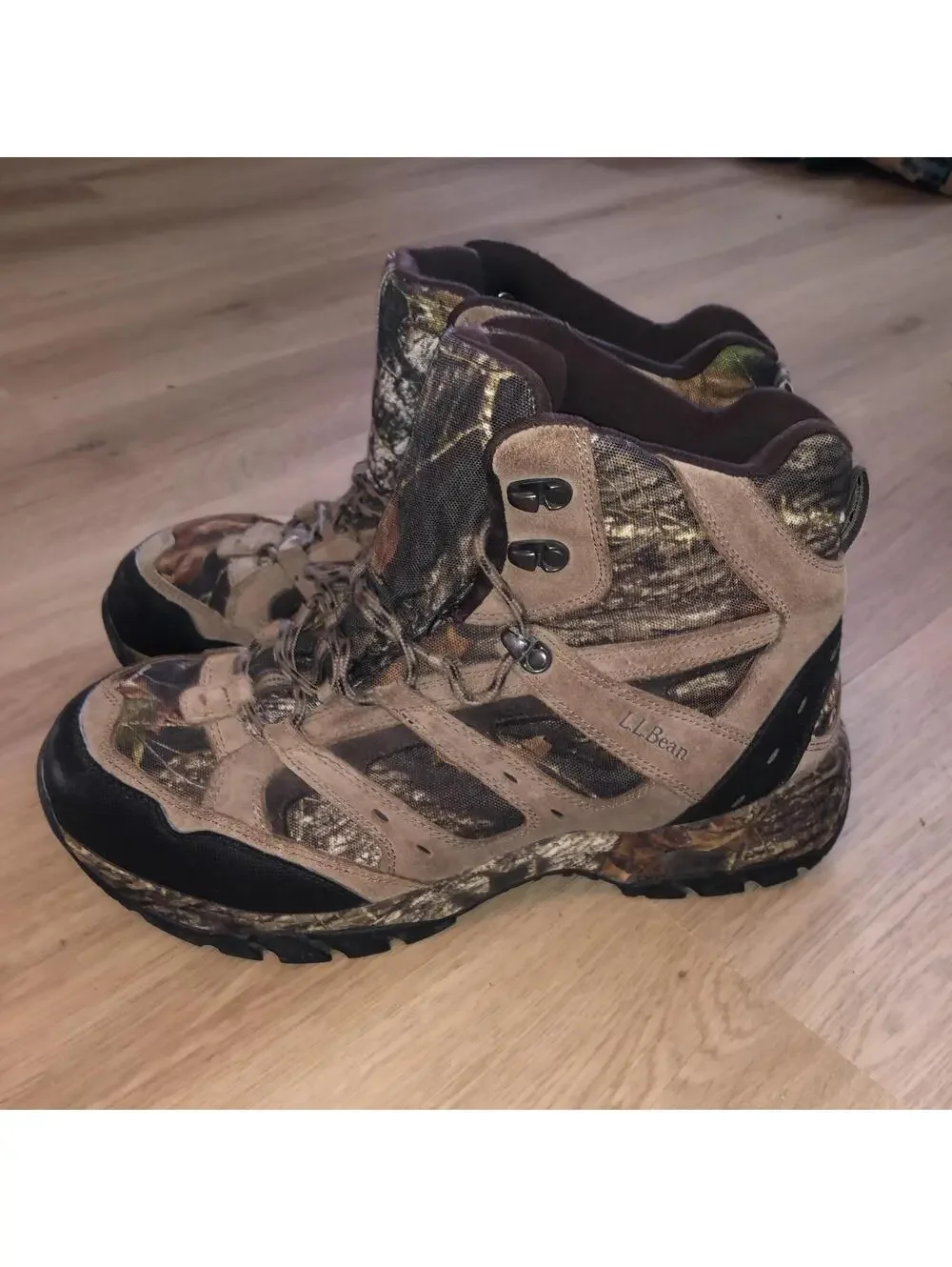 LL BEAN HUNTING HIKING TRAIL BOOTS CAMO BROWN GREEN MENS SIZE 13 WIDE
